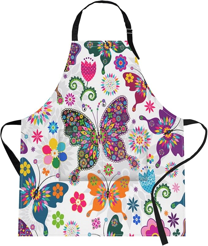 Britimes Butterfly Apron Floral Colorful Butterflies Flowers Aprons Kitchen Cooking Gardening for Women With Pockets