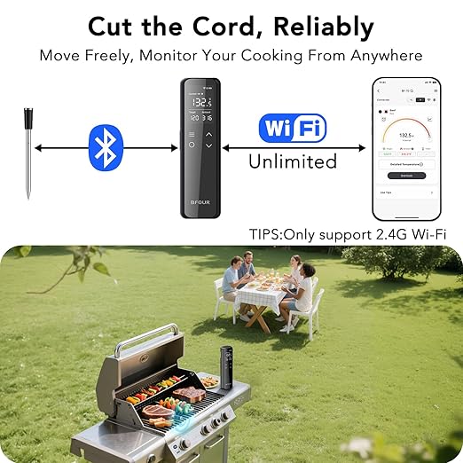 BFOUR Wireless Meat Thermometer Bluetooth with Digital Standalone Base, WiFi Unlimited Range, 6 Precision Sensor, IP67 Waterproof and Heat Resistant, Digital Meat Thermometer for Food Cooking