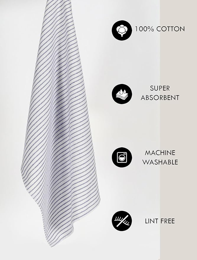 TWINY threads Set of 4 Vintage Stripe Kitchen Towels (18x26 Inches) Premium Tea Towels with Hanging Loop, Highly Absorbent 100% Cotton Bulk Kitchen Hand Towels for Drying Cleaning - Ink Blue