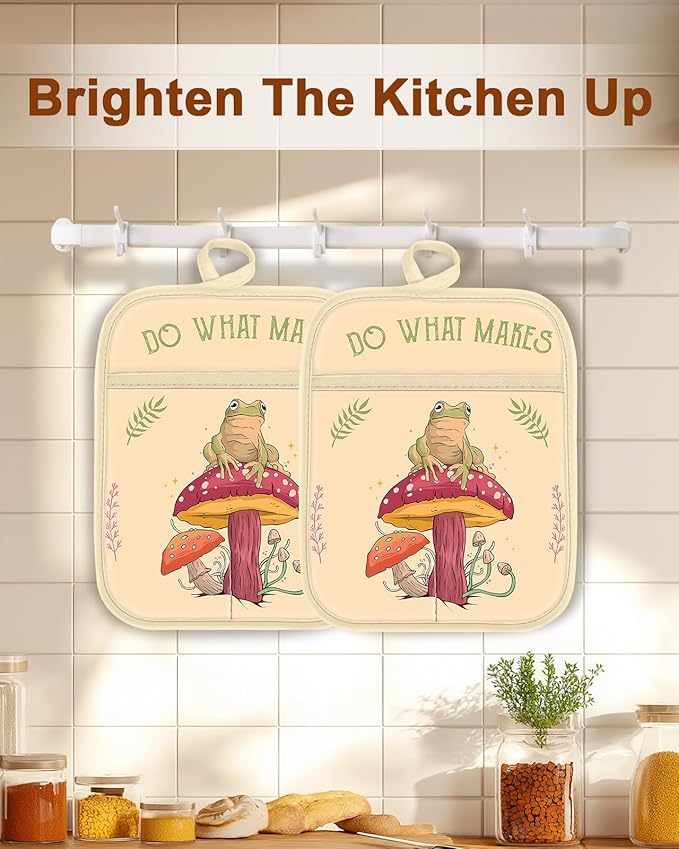 Swooflia 100% Cotton Pot Holders 2 Pack Set for Kitchen with Pockets - Cute 440°F Heat Resistant Oven Hot Pads Heavy Duty for Countertop Home Cooking Baking Microwave BBQ Farmhouse Frog