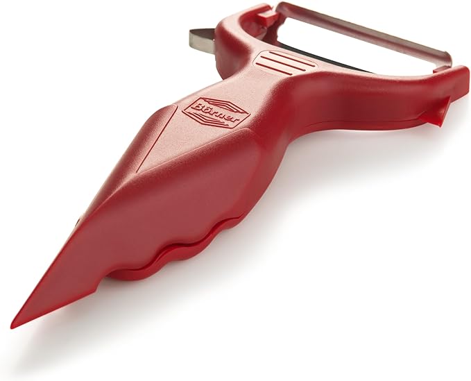 Borner 6-in-1 Fruit and Vegetable Peeler with Stainless Steel Double-Edged Blade, Multi function with Corer, Potato Eye Remover and Mini Grater, Made in Germany, Red