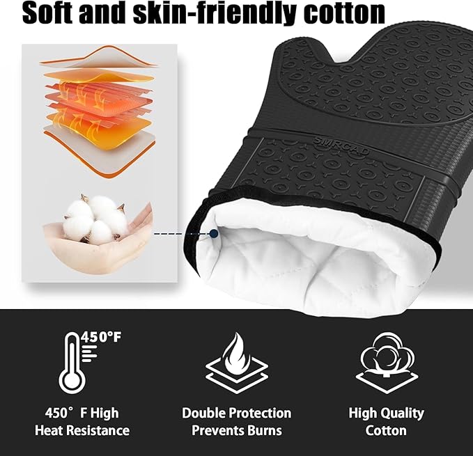 Oven Mitts with Heat-Resistant Hot Pads and Five Silicone Spatulas Designed for Kitchen Baking Cooking, Oven Glove Soft Cotton Lining, Waterproof, BPA-Free (Gun Black)