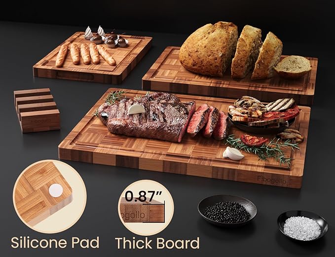 Fibogollo Bamboo Cutting Boards for Kitchen(Set of 3),Chopping Boards with Juice Groove,End Grain Serving Board with Holder,Bamboo Butcher Block for Meat,Vegetables,Fruit