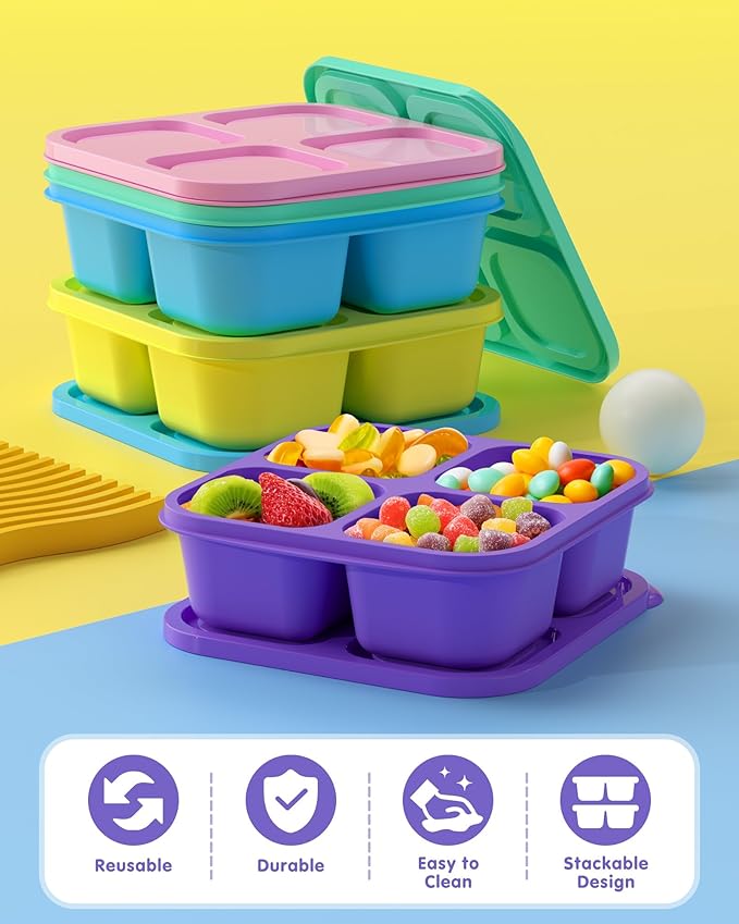 Canfanni 5 PCS Bento Snack Containers, Reusable 4 Compartment Divided Food Storage Containers, Divided Lunchable Container for School, Work and Travel (Multicolor)