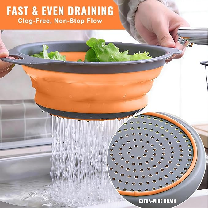 Collapsible Colander Set of 2, Folding Kitchen Strainers with Handles, Space-Saving Over-the-Sink Drainers for Pasta, Veggies & Fruit, BPA-Free, Dishwasher Safe, RV & Camping (Orange)