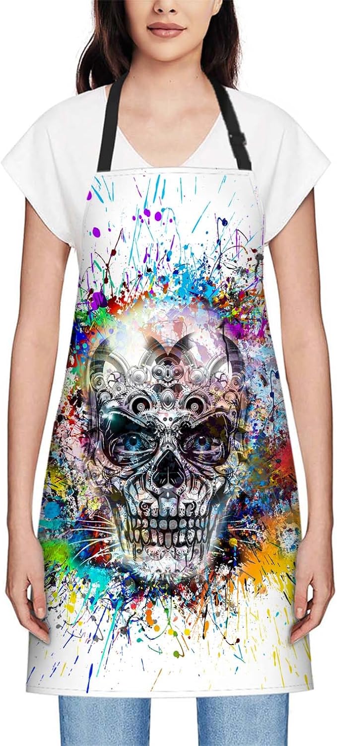 oFloral Skull Colorful Splash Apron Chefs Apron, Cooking and Baking Apron for Men and Women, Kitchen Aprons, Butchers Apron, BBQ & Catering Bibs