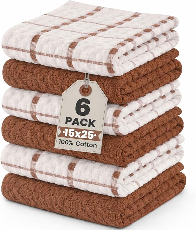 GOLD TEXTILES Kitchen Towels 6 Pack Premium 100% Cotton Dish Towels for Kitchen (15 x 25 Inches) Super Soft & Absorbent Kitchen Hand Towels for Drying Dishes, Cleaning - Reusable and Washable (Brown)