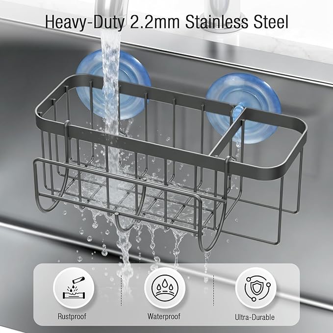 3-in-1 Kitchen Sink Caddy Organizer with Sponge Holder, Brush Holder, Extra Rack for Scrubber, Sink Stopper, Dish Cloth Hanger - Strong Dual Suction Cup, 2.0mm SUS304 Stainless Steel - Grey