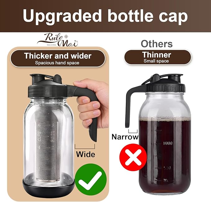 Cold Brew Coffee Maker,64 oz Mason Jar Pour Spout Lid, Coffee Carafe,Refillable Stainless Steel Filter,Non-slip Silicone Sleeve for Glass Pitcher, For Home Baristas & Coffee Enthusiasts