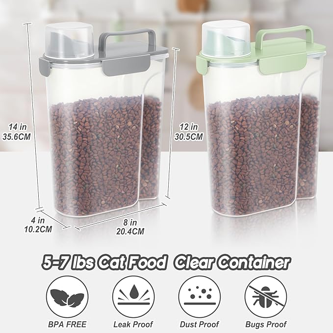LEAWALK 5-7Lbs Dog Cat Food Storage Container with Upgraded Large Nozzle BPA-free, 4 Snap Seals Plastic Pet Food Storage Containers with Handles (Light Green+Light Gray, 5L-2pack)