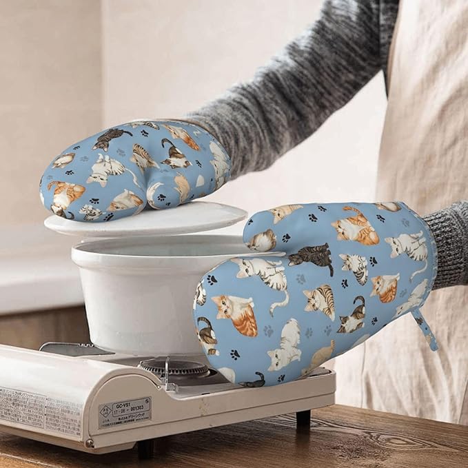 Cat Blue Silicone Oven Mitts Set of 2, Heat Resistant up to 500°F, Kitchen Oven Gloves with Non-Slip Grip and Soft Cotton Lining for Baking, Cooking and BBQ