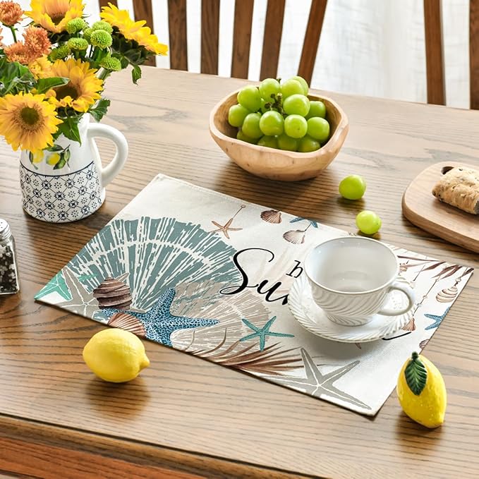Artoid Mode Sunshine Starfish Shell Summer Placemats Set of 4, 12x18 Inch Seasonal Spring Holiday Table Mats for Party Kitchen Dining Decoration