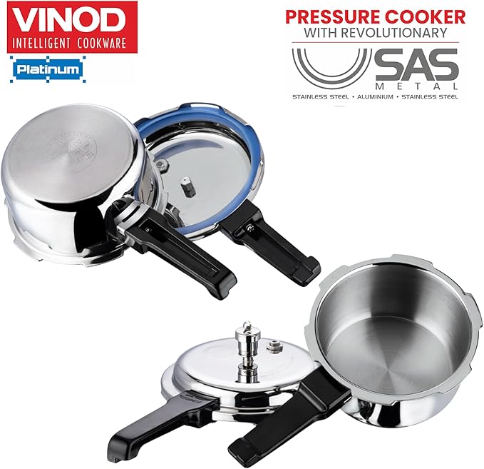 Vinod Platinum Triply Stainless Steel Pressure Cooker Outer Lid - 5 Litre | SAS Bottom Cooker | Induction and Gas Base Cooker | ISI and CE certified