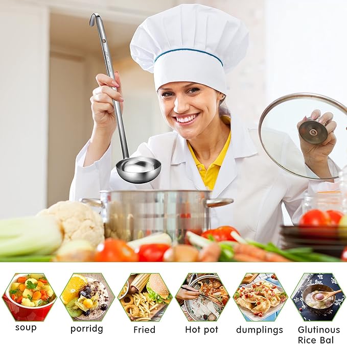 meekoo Stainless Steel Ladle Soup Handle Ladle with Pouring Rim for Kitchen Cooking Soup Sauce