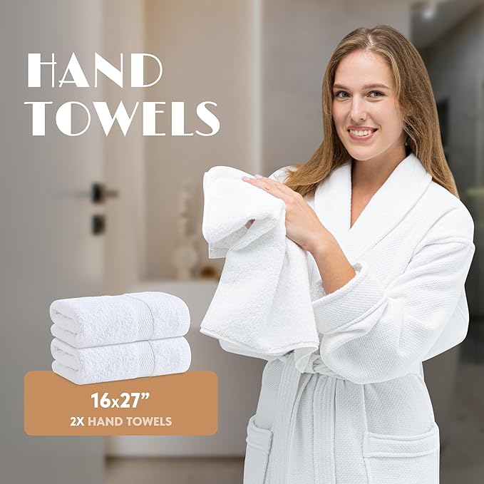 White Bath Towel Set of 6 - 100% Cotton Highly Absorbent Towels for Bathroom, 2 Luxury Bath Towels 650GSM, 2 Hand Towels, 2 Washcloths