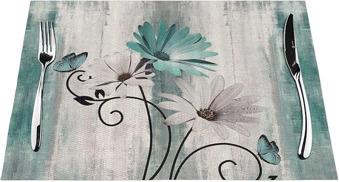 Floral Place mats Set of 4, 12x18 Inches Teal Blue Daisy Flower Decorative Rectangle Table Mats for Party Home Kitchen Dining Table Decoration