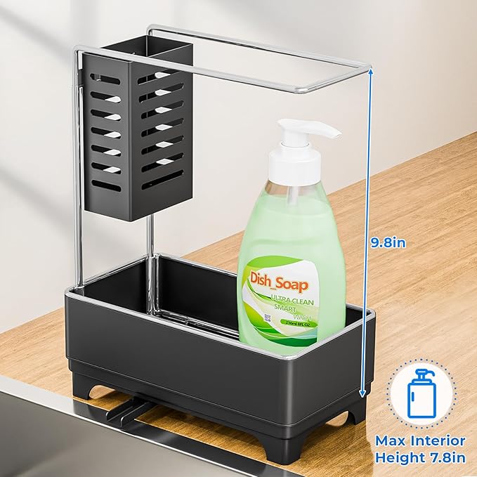 Kitchen Sink Caddy with Stainless Steel Towel Holder, Handy Sponge Holder for Kitchen Sink with Extending Drain Spout, No-Tool Assembly Space Saver for sink Countertop Accessories(Black)