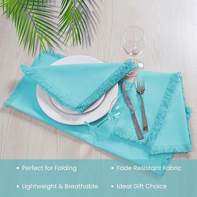 Set of 6 Dinner Napkins Fringes 100% Cotton - Soft Durable Reusable - Perfect for Dining Weddings Parties Holidays Easter Christmas & Everyday Use Table Napkins - 20x20 in Napkins Turquoise