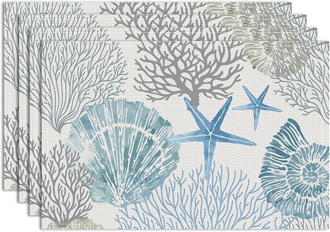 Nautical Placemats Set of 4, Starfish Beach Theme Ocean Seashell Washable Non-Slip Heat Resistant 12×18 Inch Coastal Summer Place Mats Decorative Linen Fabric Table Mats for Home Party Kitchen Dining