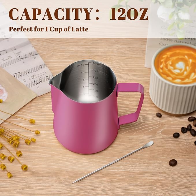 Amrules Milk Frothing Pitcher, 12 oz Milk Frother Cup with Clear Scale, 304 Stainless Steel Cappuccino Espresso Machine Accessories for Barista Coffee Bar with Latte Art Pen, Rose Red