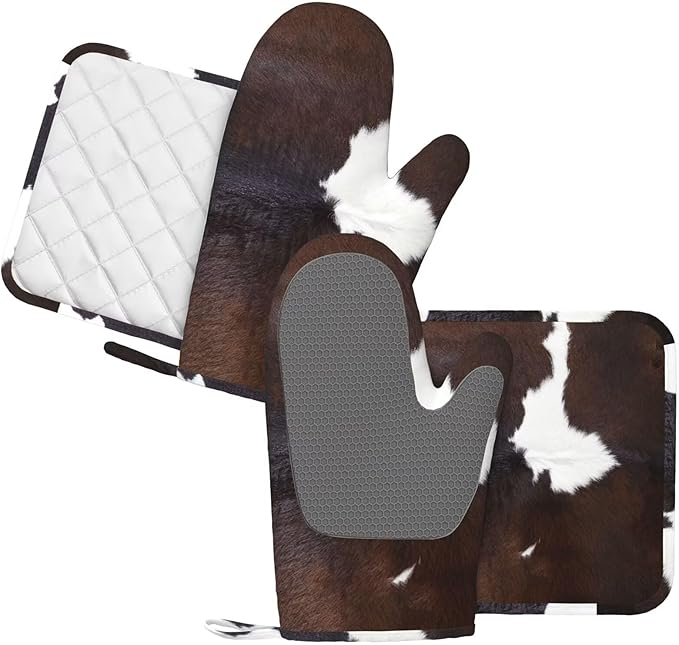 Cow Skin Print Oven Mitts and Pot Holders 4 pcs Set Silicone Brown Cow Print Kitchen Oven Mitt Gloves Pot Holders Non-Slip Heat Resistant Cooking Mitts Set for Kitchen Baking Grilling BBQ