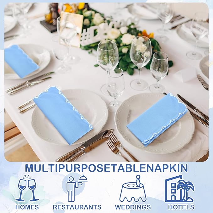 Mindsoft 8 Pcs Blue Wedding Cloth Napkins Scalloped Embroidered Dinner Napkins 100% Cotton Reusable Washable Decorative Table Napkin for Weddings Dinner Restaurant Party Decoration, 18 x 18 Inch