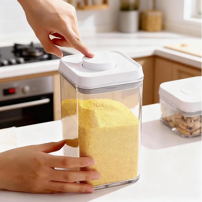 6 Pcs POP Container Set, Airtight Food Storage with Lids, Push Button Seal BPA-Free Set for Pantry, 0.65QT/0.7QT/1.8QT/2.4QT for Bulk Dry Food, Cereal, Flour, Sugar, RV Kitchen Storage