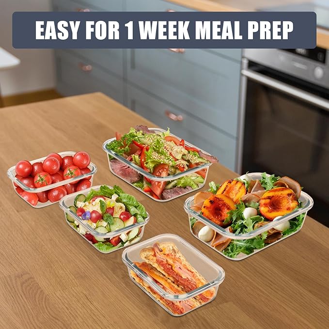 6 Pack Glass Food Storage Containers with Airtight Lids, Meal Prep Containers for Lunch, Leftovers, BPA Free (Grey)