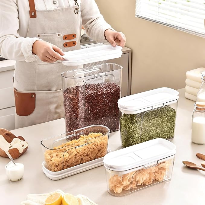 Cereal Container and Rice Storage Dispenser-Airtight Food Storage Organizers BPA-free Plastic Kitchen Pantry Storage Containers food-grade PET material Suitable for rice, grains (4L(4PC)