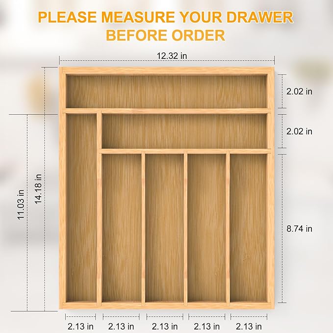 Bamboo Silverware Organizer Drawer Tray, 7-Compartment Utensil Drawer Organizer for Kitchen & Office, Flatware Holder for Forks, Spoons, Cutlery
