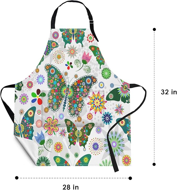 Britimes Butterfly Apron Floral Colorful Butterflies Flowers Aprons Kitchen Cooking Gardening for Women With Pockets