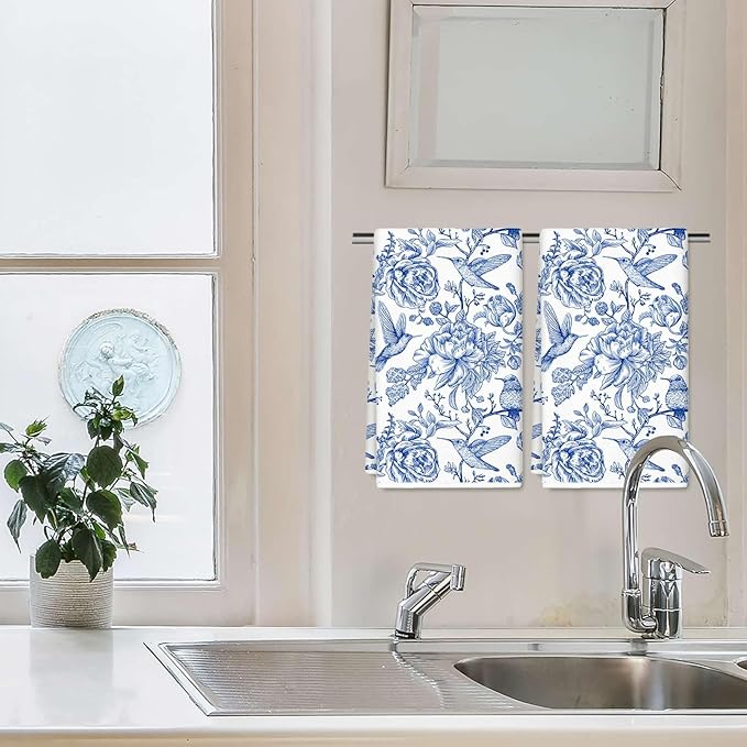 Chinoiserie Floral Kitchen Towels Blue White Flowers Bird Dish Towels 18 x 28 Inch Decorative Hand Drying Tea Towel for Farmhouse Cooking Baking Cleaning Wipes, Set of 2