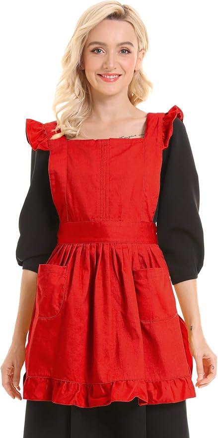 Retro Adjustable Ruffle Apron Kitchen Cooking Baking Cleaning Maid Costume (Red)