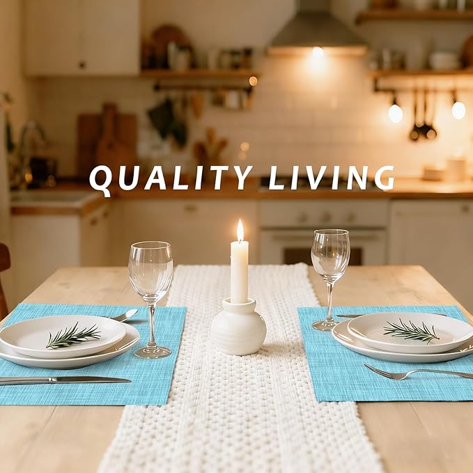 Durable Vinyl Placemats Set of 16, Non-Slip for Dining Table Mat, Heat Resistant Place Mats, Washable Anti-Slip PVC Easy to Clean Wipeable Premium Plastic Mats for Kitchen Blue