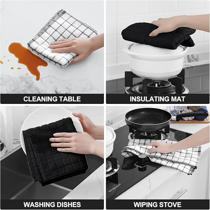 Homaxy Premium Cotton Kitchen Towels 16"x 28", Large Natural Ring Spun 390 GSM Dish Towels, Super Absorbent Terry Kitchen Hand Towels, Soft Tea Towels with Hanging Loop, Black Check Design, 12 Pack