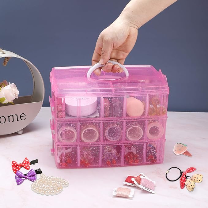 SGHUO Bead Organizers and Storage 3-Tier Pink Craft Container Stackable Box with Dividers for Art Supplies, Washi Tapes, Seed, Hair Accessories, Nail, 9.5X6.5X7.2in