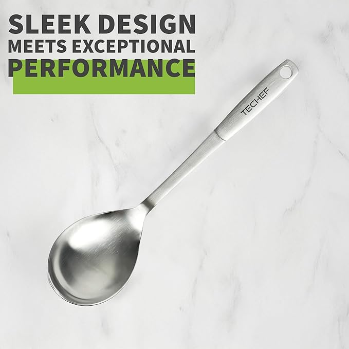 TECHEF ChefCore 304 Stainless Steel Cooking Spoon with Ergonomic Handle, One-Piece Unibody Design, Rustproof & Heat Resistant, 10.5" Serving Utensil – Made in Korea