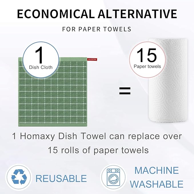 Homaxy 100% Cotton Terry Kitchen Dish Cloths, Ultra Soft and Absorbent Dish Towels for Kitchen, Suitable for Drying and Washing Dishes, 24 Pack, 12 x 12 Inches, Grass Green