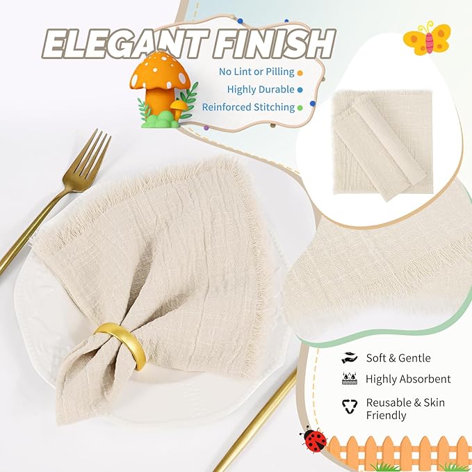 Showgeous 60 Pack Natural Cloth Napkins with Fringe 16x16 inch 100% Cotton Napkins Handmade Dinner Napkins Bulk Washable Soft Rustic Table Napkins for Wedding Parties Bridal Baby Shower
