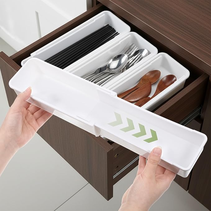 6 Pack Expandable Drawer Organizers Set, 9.8-16.2inches Plastic Drawer Organizer Trays Stackable Storage Container for Vanity Office Home Utensils Gadgets Shelf Kitchen