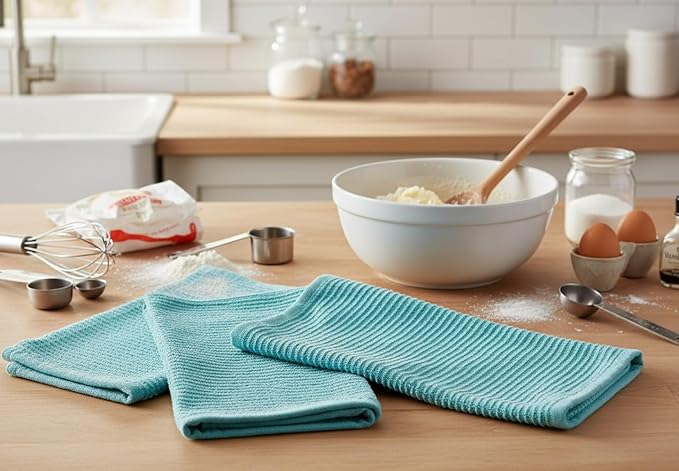 Serafina Home Aqua Light Blue Kitchen Dish Towels: (18" x 28", 3 Pack) 100% Cotton Cloth Soft Cleaning Drying Absorbent Ribbed Terry Loop, Multipurpose (Aqua Blue)