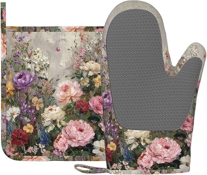 Vintage Wildflower Oven Mitts and Pot Holders Sets Silicone Kitchen Mitts Potholders Heat Resistant Oven Gloves Hot Pads for Kitchen Baking Cooking