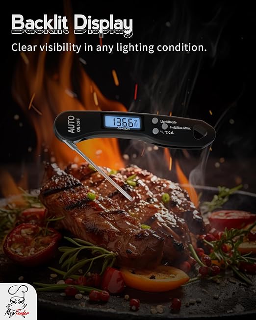 5 PCs Instant Read Meat Thermometer, 1.2s Fast Read, ±1°F Accuracy, -58°F to 572°F, 4.4" Foldable Probe, 0 °C Calibration, Min/Max (Session), Auto-Rotating Backlit Display, °F/°C, Magnetic Back