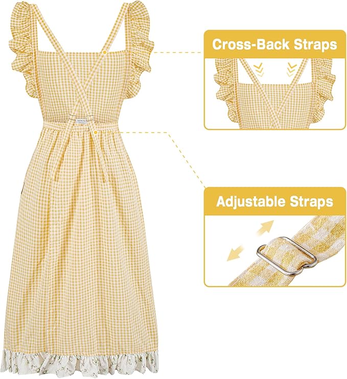 Vintage Gingham Apron for Women, Ruffle Straps, 2 Pockets, Soft Cotton, Apron Dress Style for Cooking & Baking