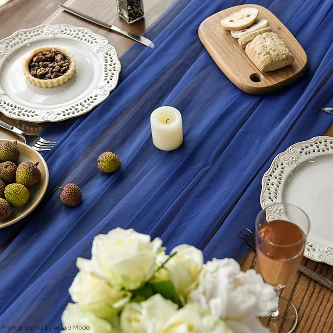 Artoid Mode 6PCS Navy Blue Gauze Table Runner 120 Inch 10FT, Seasonal Sheer Kitchen Dining Holiday Wedding Birthday Baby Shower Table Decor for Home Party