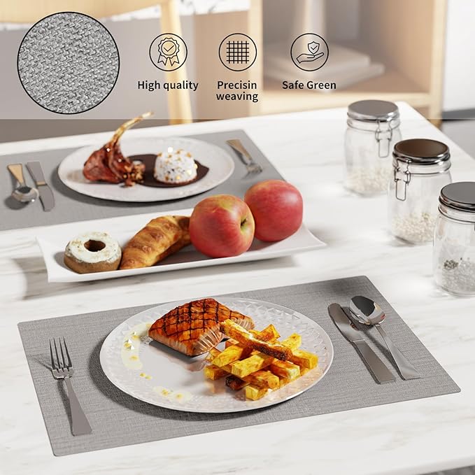 Cloth Placemats, Set of 6 Heat-Resistant Cotton Linen Blend Double Layered Machine Washable Place Mats, Wrinkle Free Thick Fabric Dining Table Mats for Indoors & Outdoors (Light Grey, 6)