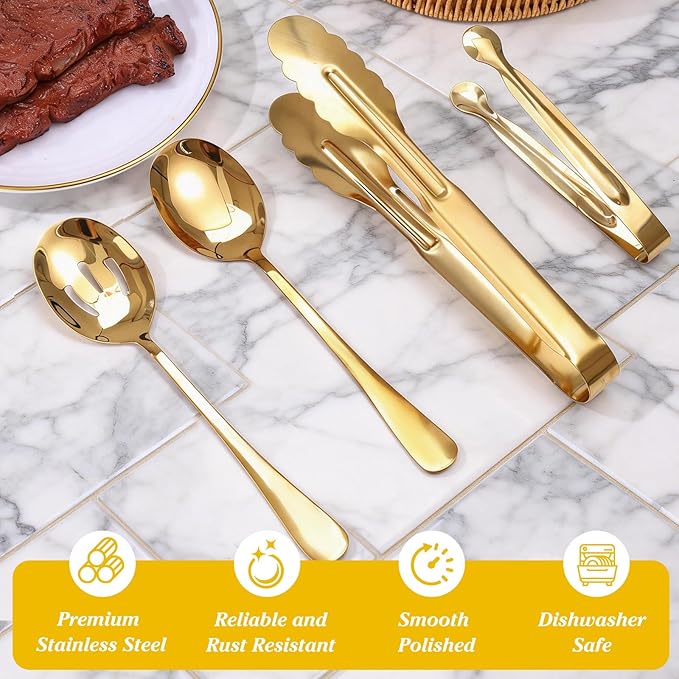 Mwellewm 18Pcs Serving Utensils, Serving Spoons for Buffet, Serving Tongs for Food, Large Slotted Spoons, Stainless Steel Banquet Cutlery Set for Parties Weeding Birthday Entertaining Catering(Gold)