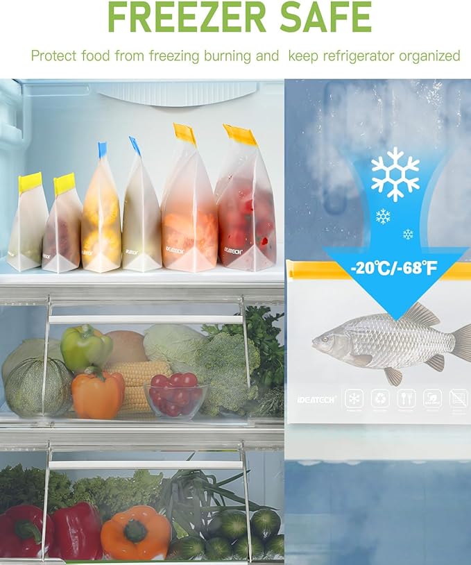 IDEATECH 8Pack Gallon Bags Dishwasher Safe, Leakproof Reusable Gallon Freezer Bags, BPA Free Reusable Gallon Bags, Food Storage Bags for Meats, Sandwich, Travel (8Gallon, Colored)