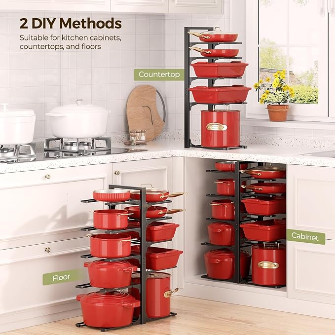 LAMU 10-Tier Pots and Pans Organizer under Cabinet, 23.62" Height Heavy Duty Pots Pans Organizer Rack for inside Cabinet Adjustable for Big Stockpots, Dutch Oven, Cast-iron Pans, Heavy Cookware