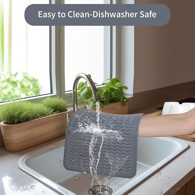ZLR 2 Pcs Silicone Dish Drying Mat 12" x 12" Square - Small Heat Resistant Trivet & Countertop Protector for Air Fryer, Coffee Maker - Waterproof Kitchen Drain Pad for Cups, Fruit (Dark Gray)